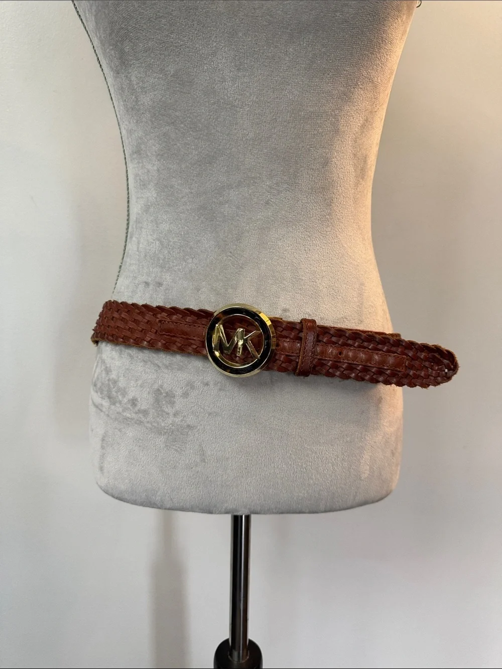Michael Kors Woven Leather Belt with Gold MK Buckle - Chestnut M -L